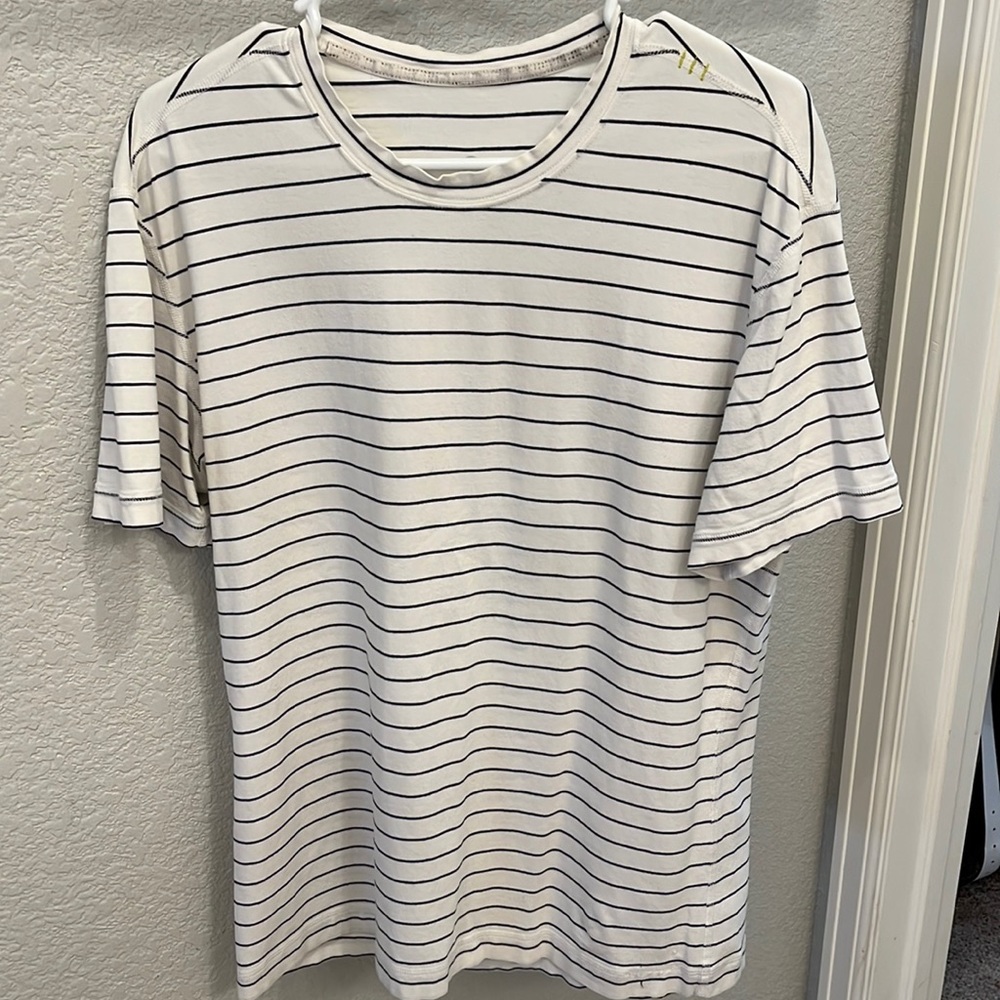 Lululemon Short Sleeve cotton short with black pin stripe